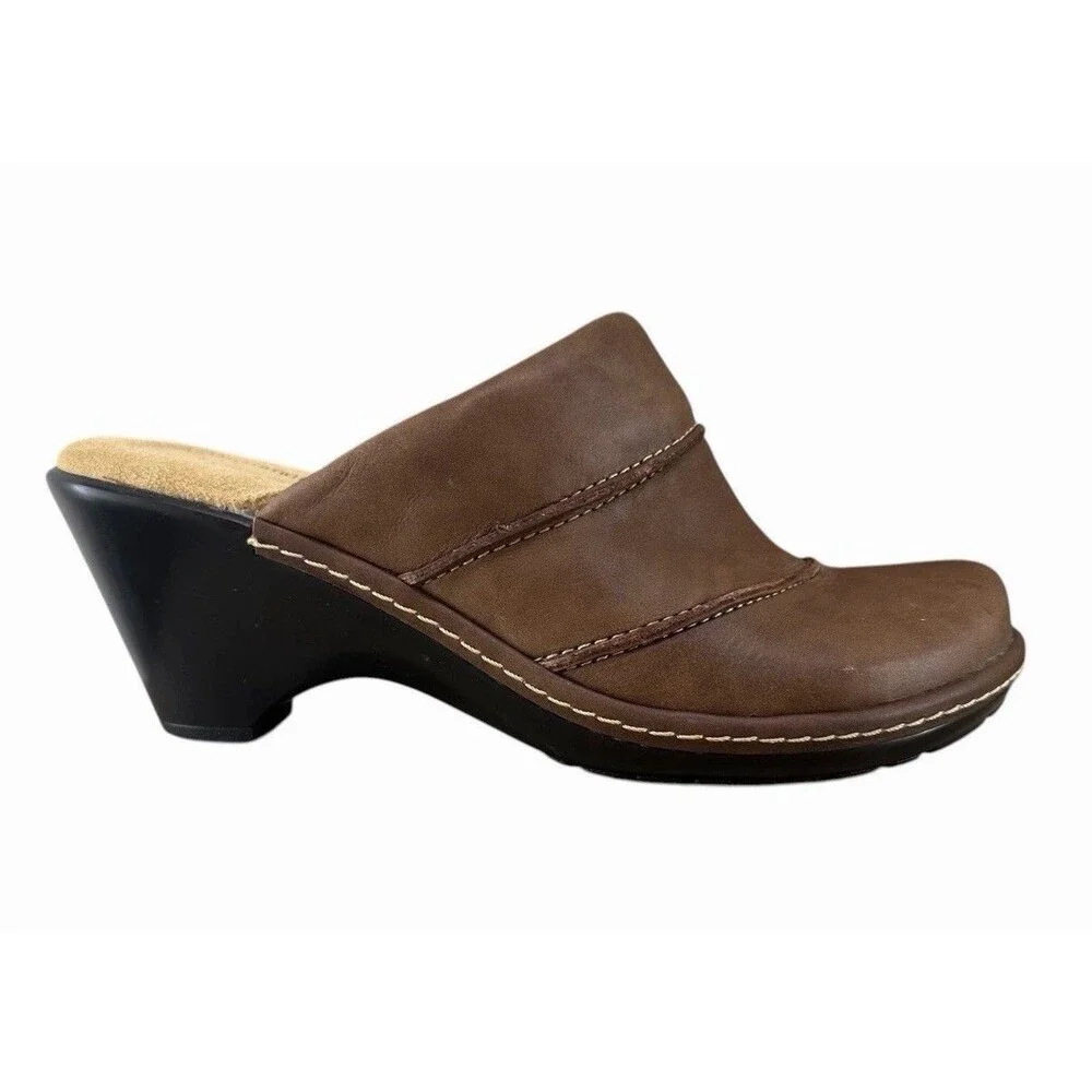 Softspots Women’s Brown Leather Slip-On Mule Wedge Heel Round Toe, Stitching